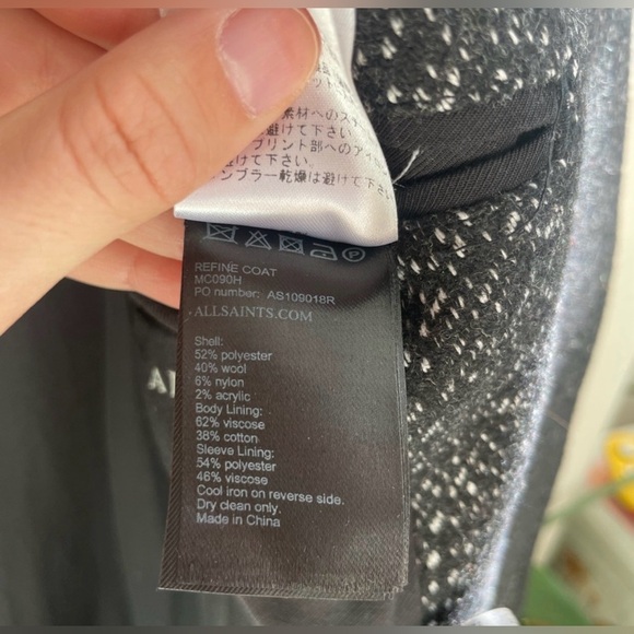 All Saints REFINE Mens Wool Trench Charcoal Coat Black/White Marbled Size L - Picture 11 of 12